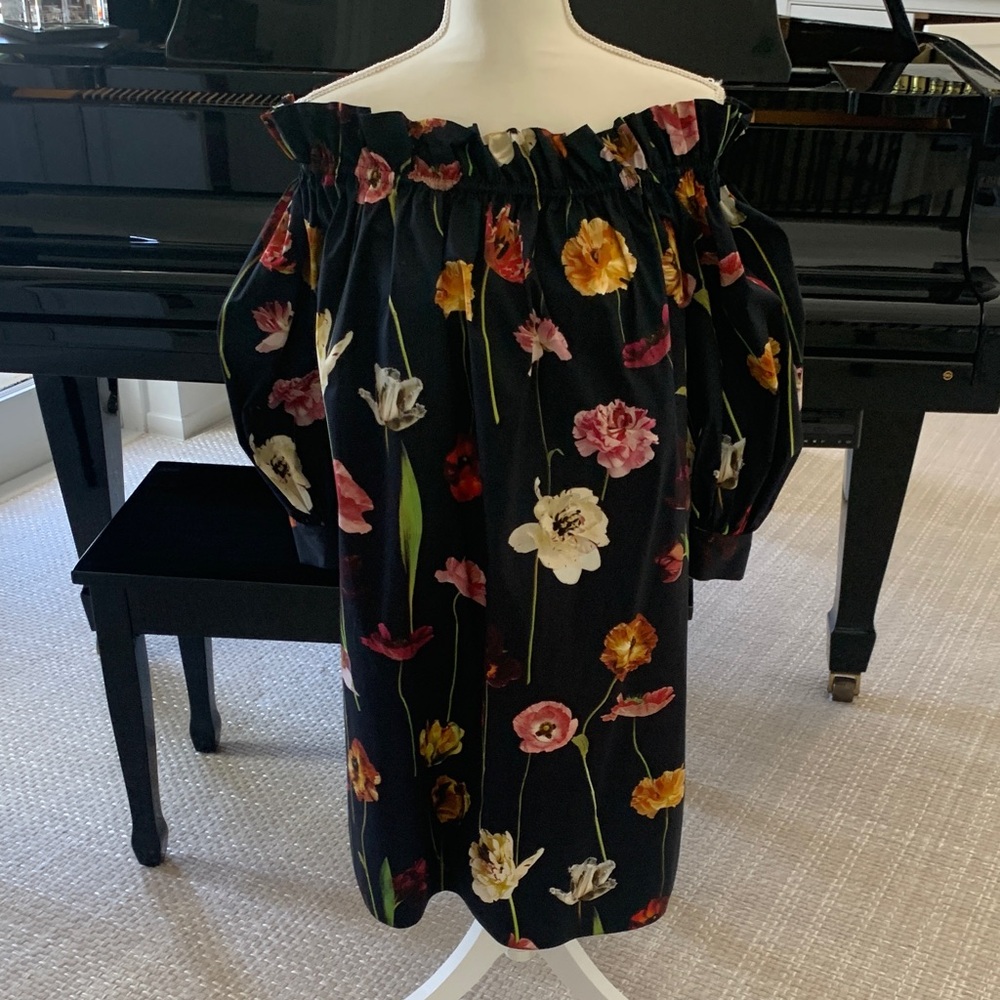 Oscar de la Renta navy  Floral Off-Shoulder Dress with Puff Sleeves. Size 6